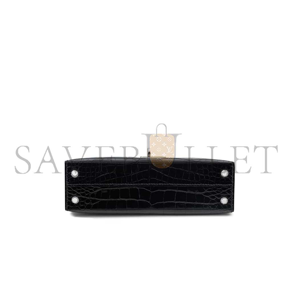 H**mes master a shiny black alligator mini kelly ii with palladium hardware (19*12*5.5cm)